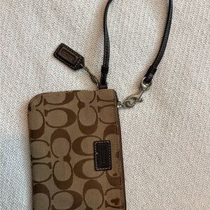 Coach Brown Signature Canvas Wristlet with Dark Brown Trim